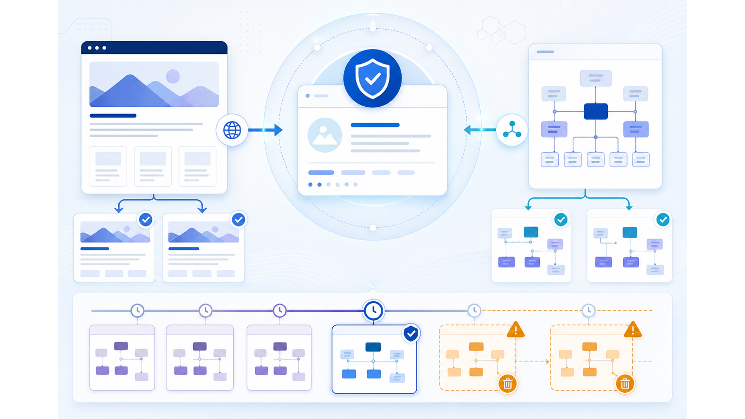 示意图:纯营销页与带一致 Schema 的页面在事实抽取上的差异