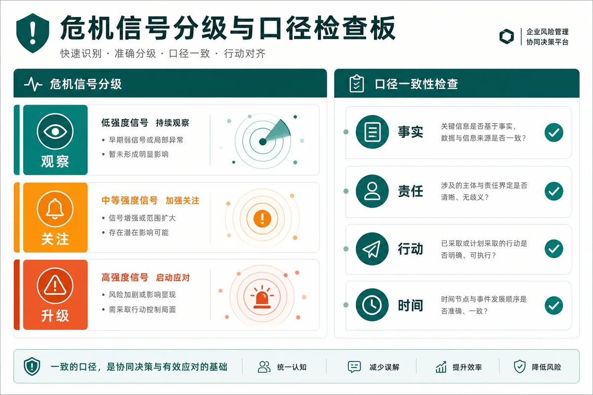 示意图：危机信号分级与口径一致性检查板（无具体数值）