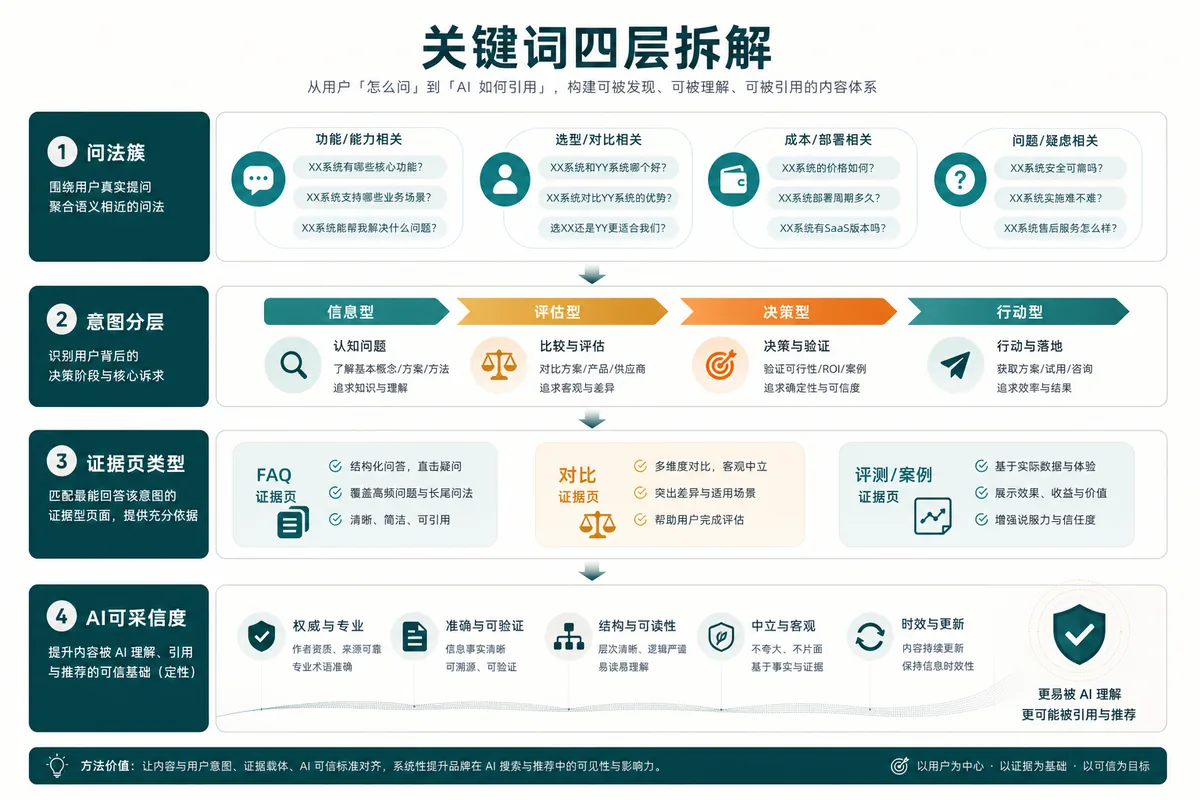 示意图:问法簇、意图分层、证据页类型、AI 可采信度四层