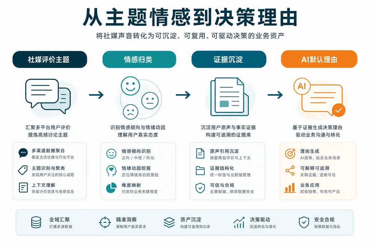示意图：主题情感如何从社媒评价进入AI默认理由