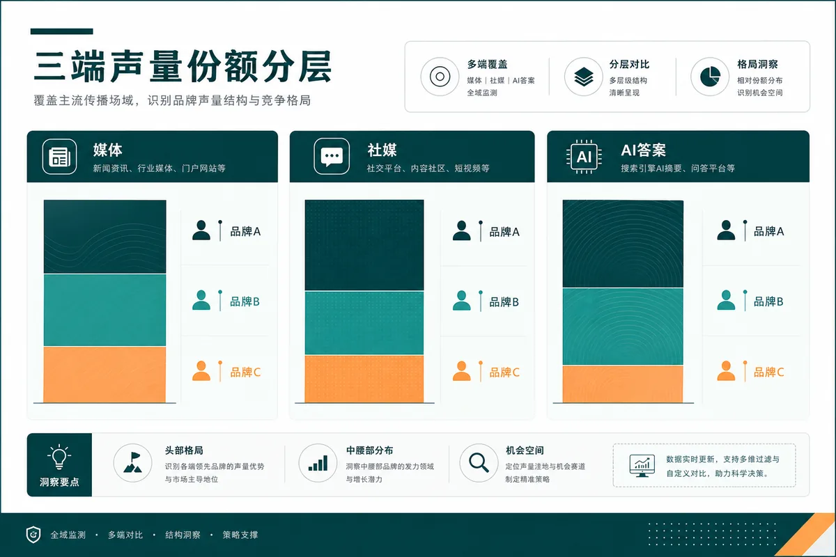 示意图:媒体、社媒、AI 答案三端 SoV 分层对照(无具体数值)