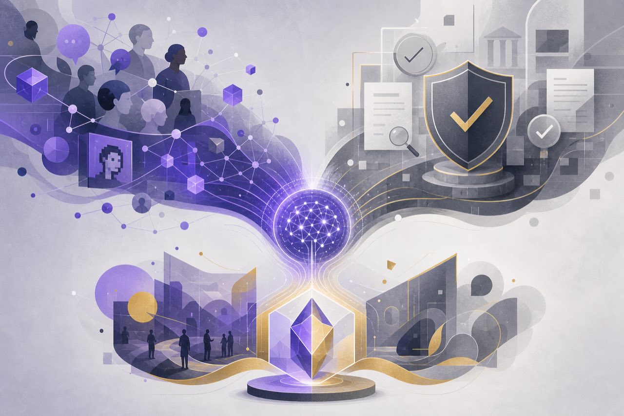 概念示意图:Web3 社区声量与合规信号双线汇入 AI 品牌叙事(概念示意,非真实产品界面)
