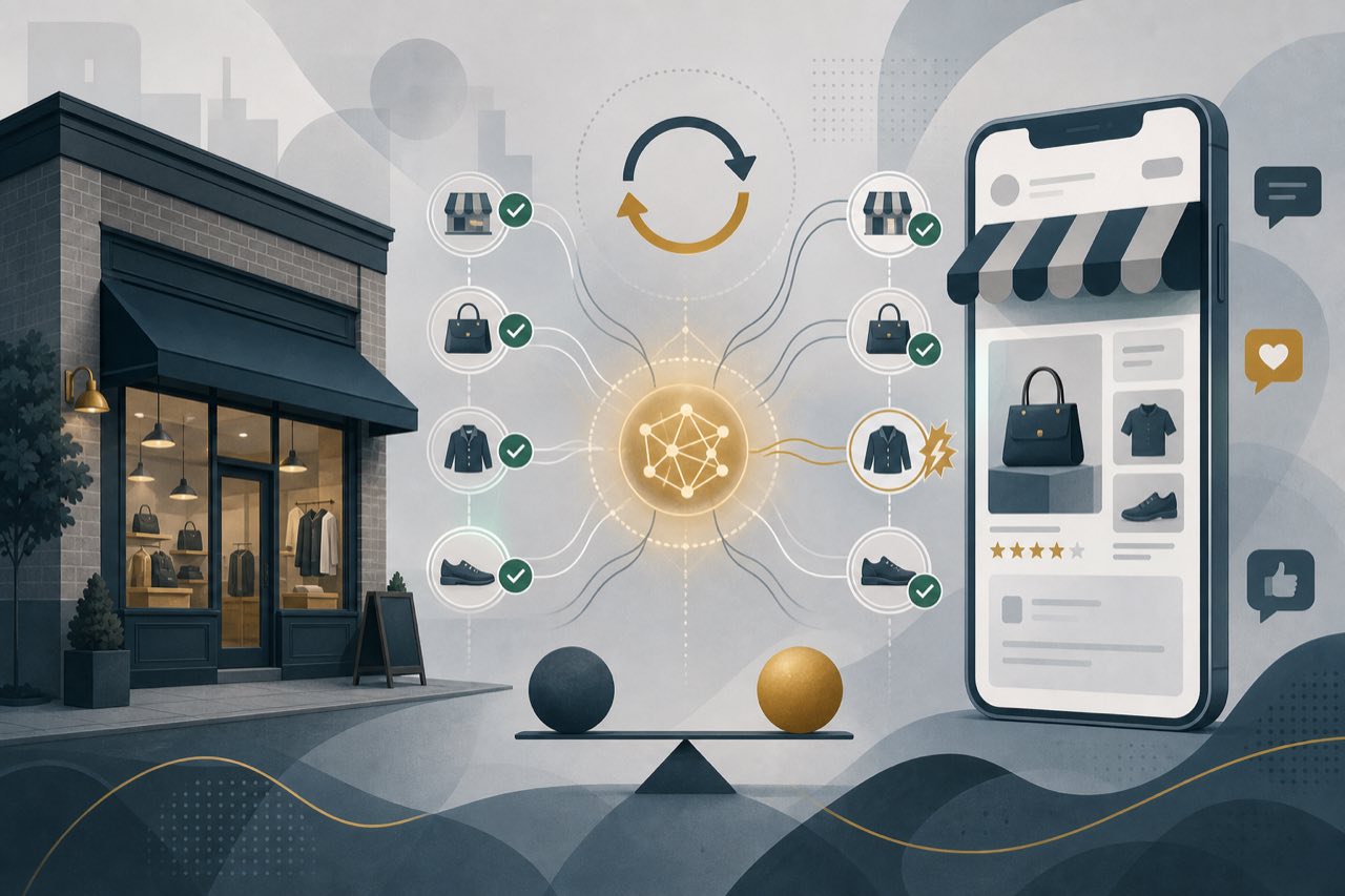 概念示意图：O2O 线下零售门店与线上电商、AI 回答的数字口碑一致性氛围