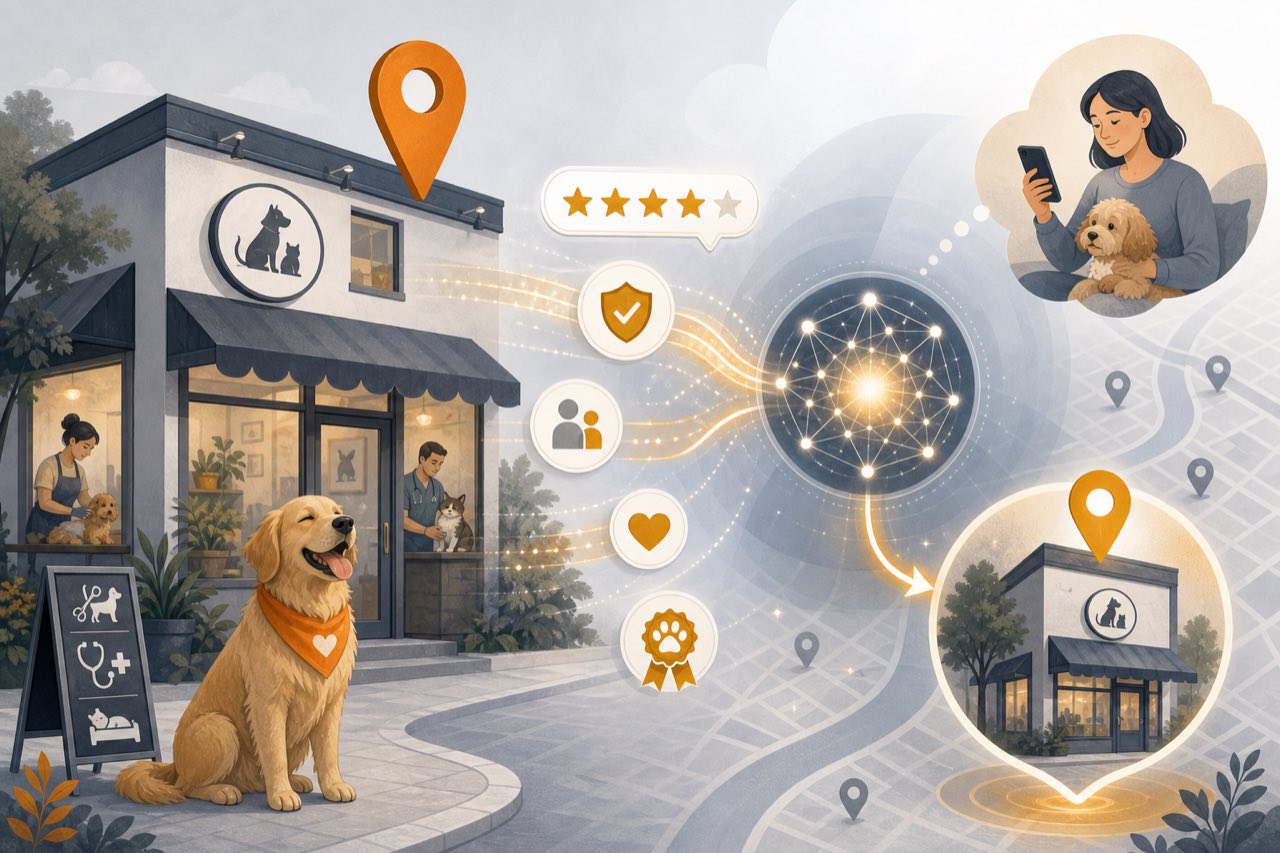 概念示意图：养宠人通过 AI 查询附近宠物服务门店，本地口碑与资质信号汇入推荐（概念示意，非真实产品界面）
