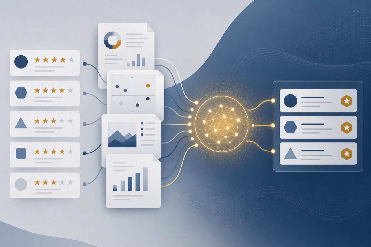概念示意图:B2B SaaS 软件评测与分析师信源作为 AI 选型证据的氛围