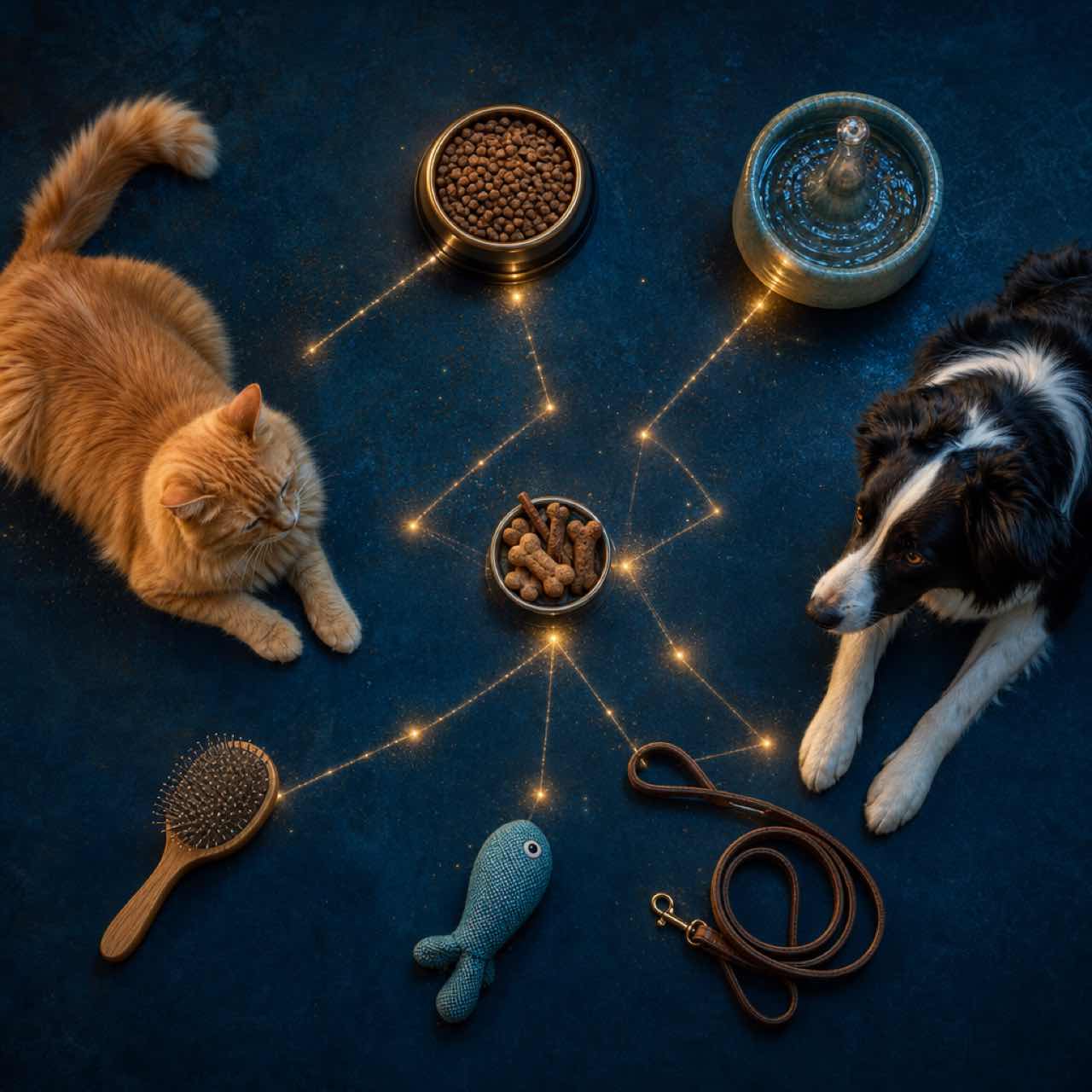 猫和狗围绕主粮、零食、水、梳毛与牵引用品形成金色星座连接的日常照护场景